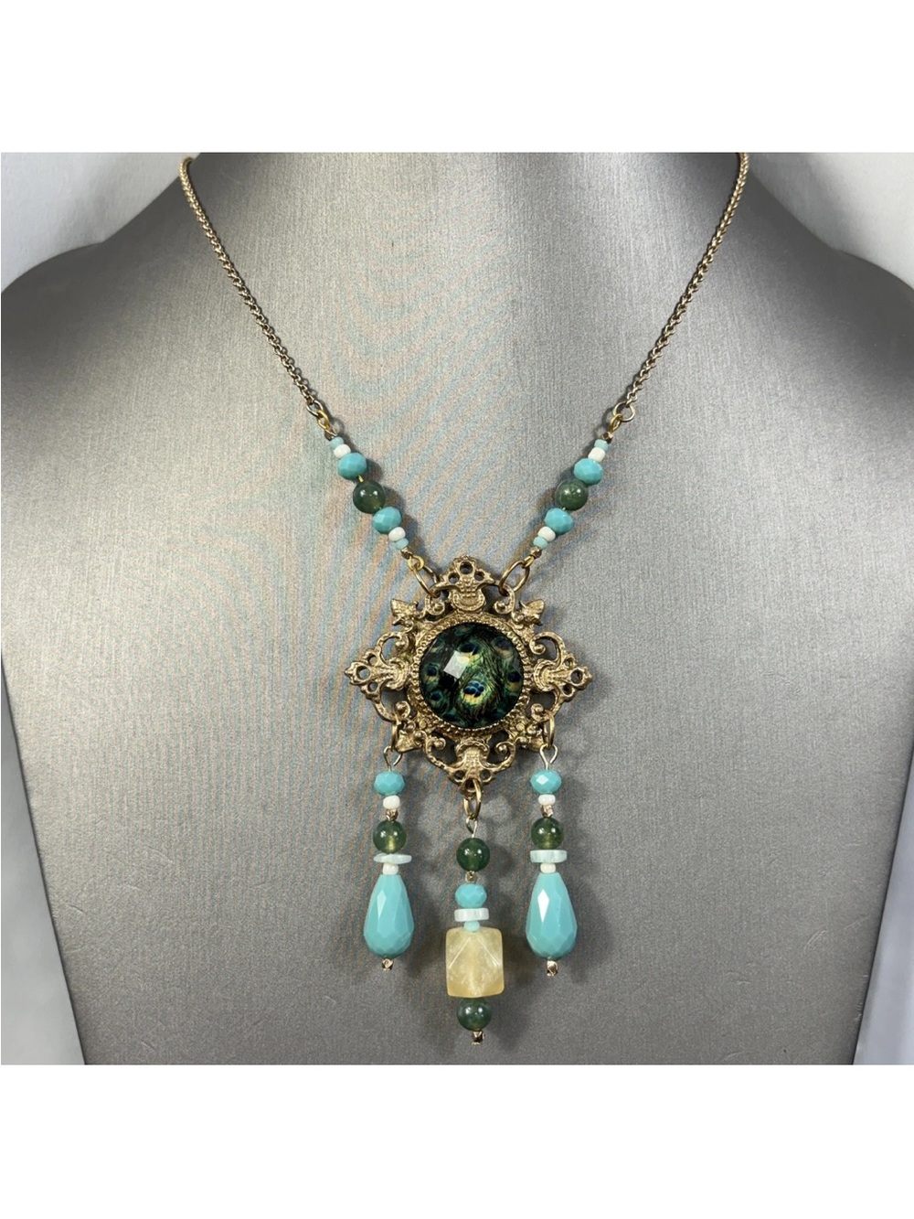 Handmade Upcycled Vintage Necklace Glass Beads Peacock Matte Goldtone 19" - 22"